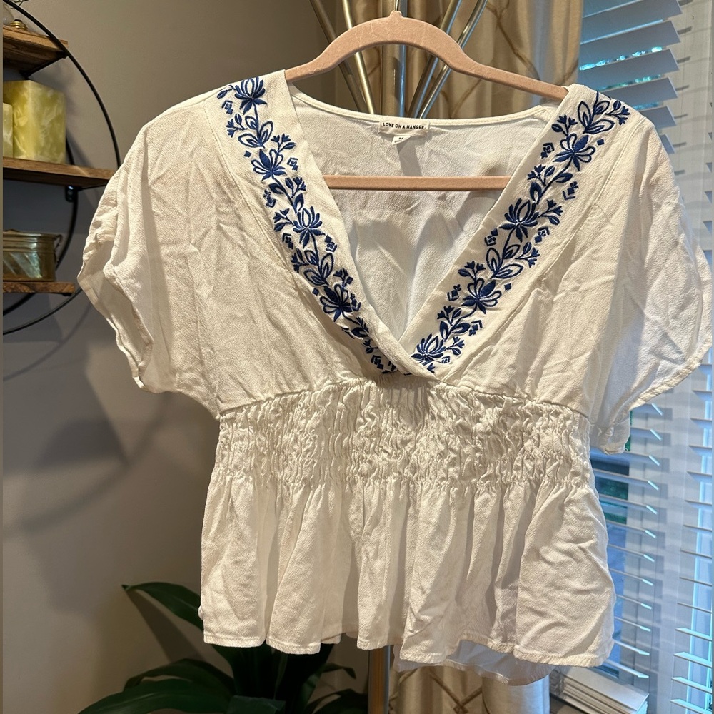 White and Blue Floral Embroidered Shirt